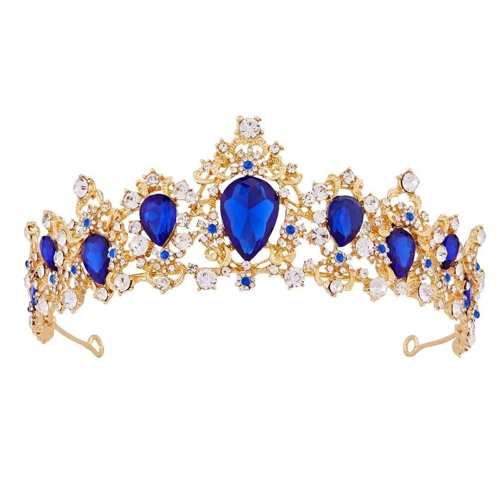 Gold Tiara Crystal Crown for Women Girls Royal Blue Bridal Birthday Prom